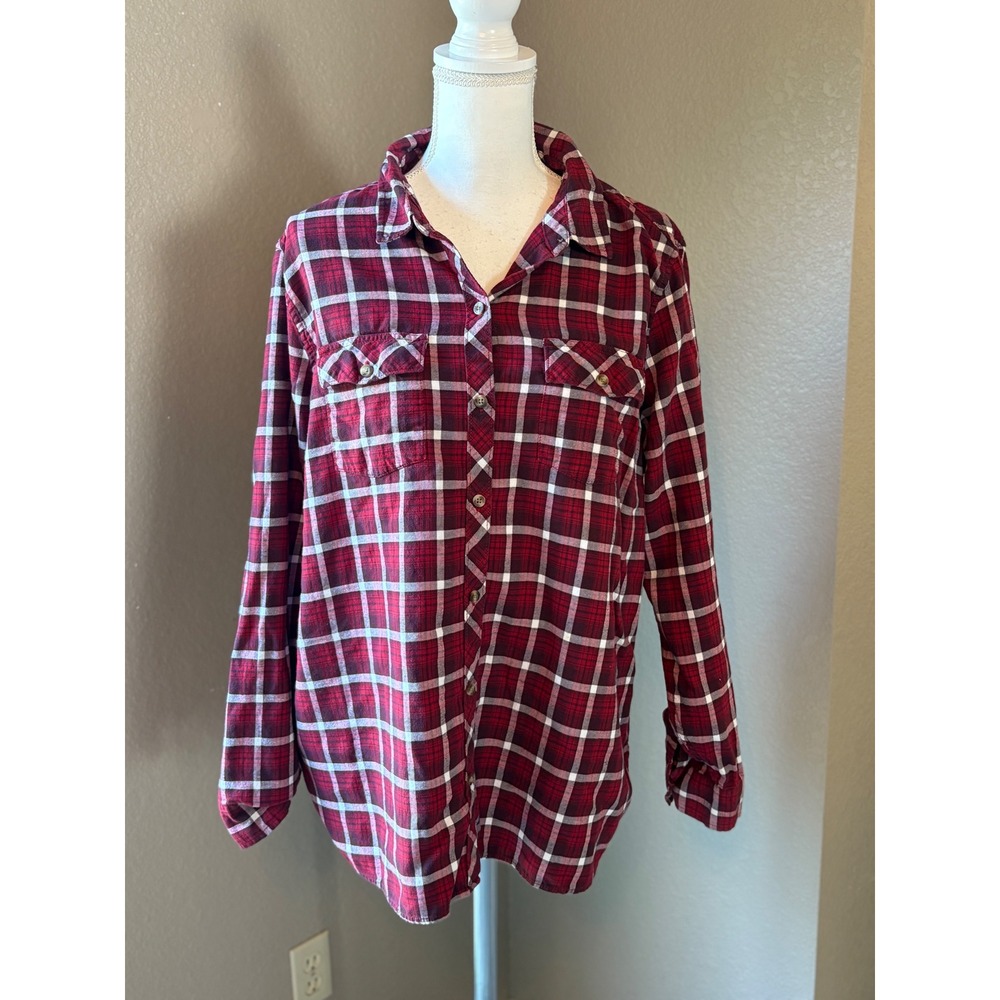 Eddie Bauer Womens‎ 2XL Red Plaid Classic Fit Cotton Button Up Flannel Shirt